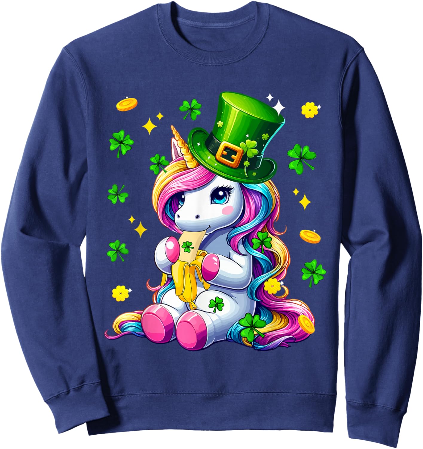 Colorful Unicorn Eating Banana St. Patrick's Day Shamrocks Sweatshirt - Sweatshirt | Navy