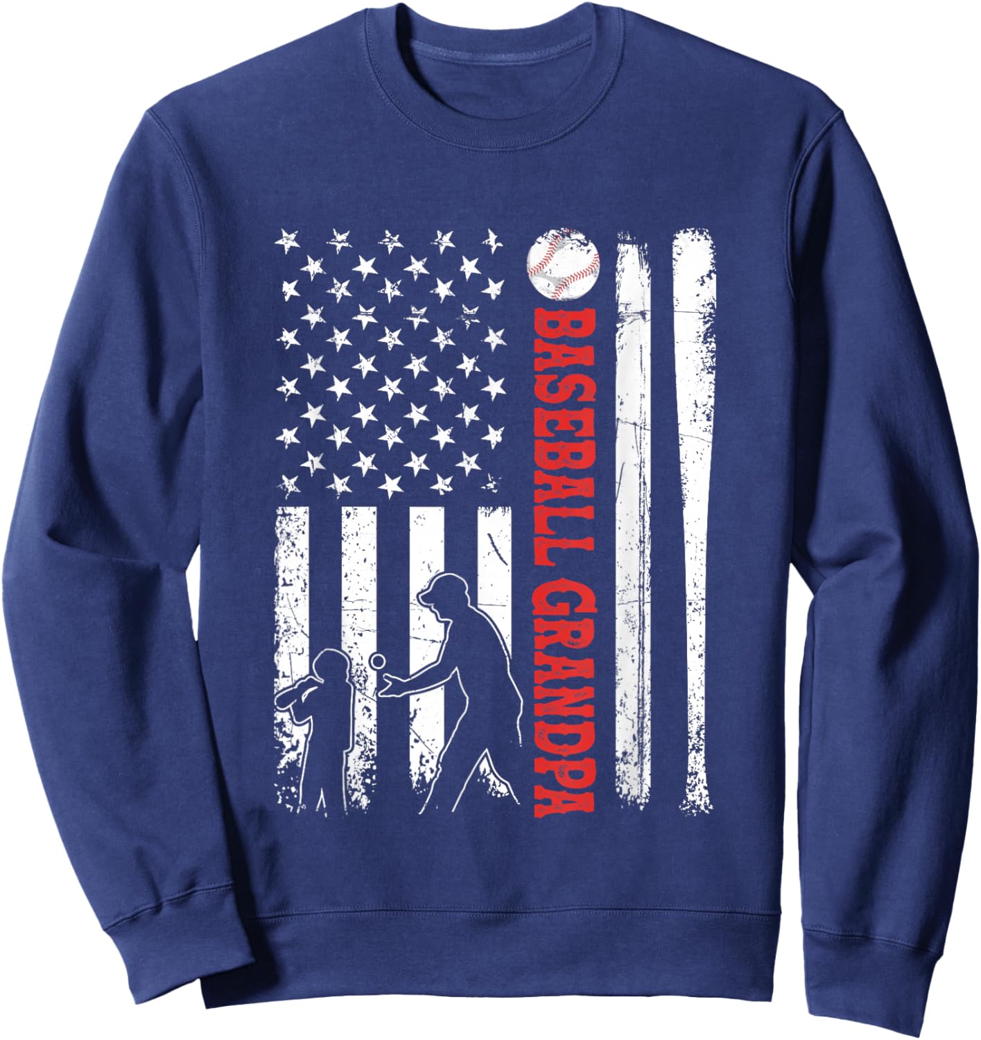 Distressed USA American Flag Baseball Grandpa Father's Day Women Kids Men Sweatshirt - Sweatshirt | Navy