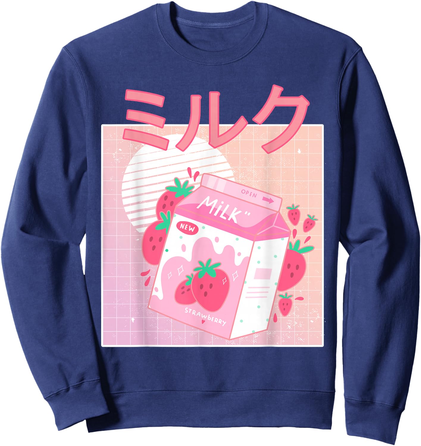 Funny Retro 90s Japanese Kawaii Strawberry Milk Shake Carton Sweatshirt - Sweatshirt | Navy