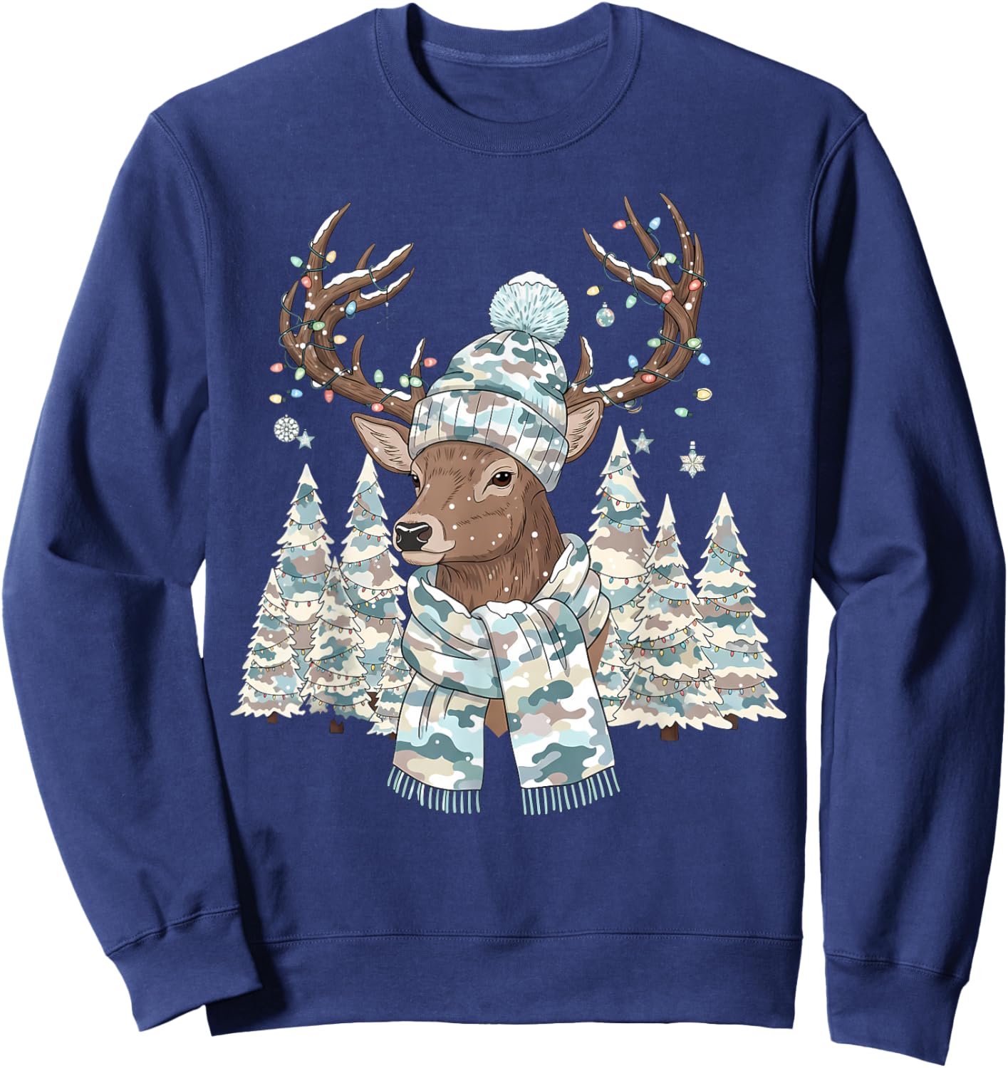 Christmas Camo Hunting Reindeer Pajamas with Deer Xmas Light Sweatshirt - Sweatshirt | Navy