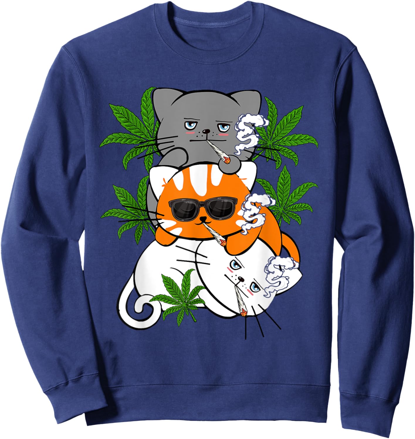 Funny Kawaii Cat Smoking Weed Marijuana Cannabis Kitten Sweatshirt - Sweatshirt | Navy