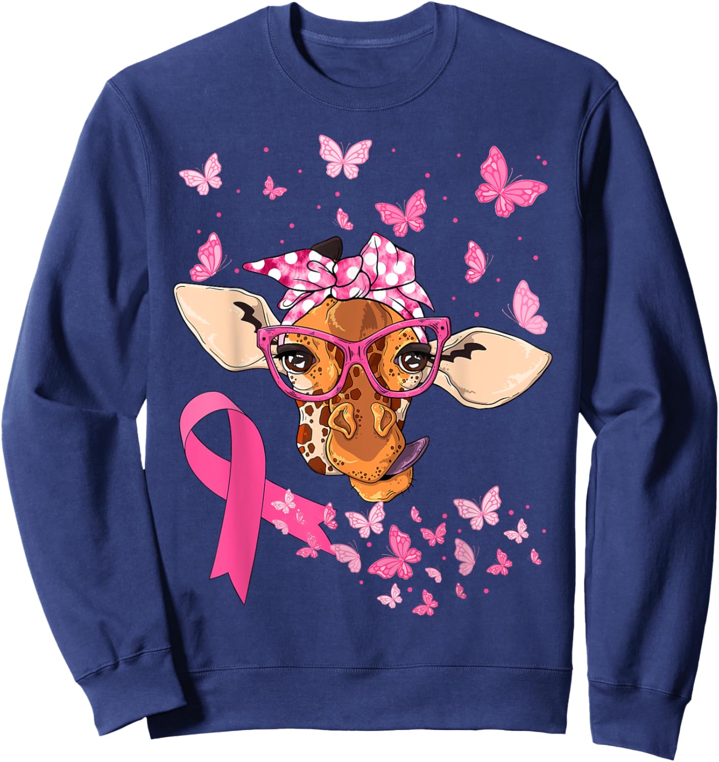 Giraffe & Bandana Pink Ribbon Breast Cancer Awareness Day Sweatshirt - Sweatshirt | Navy