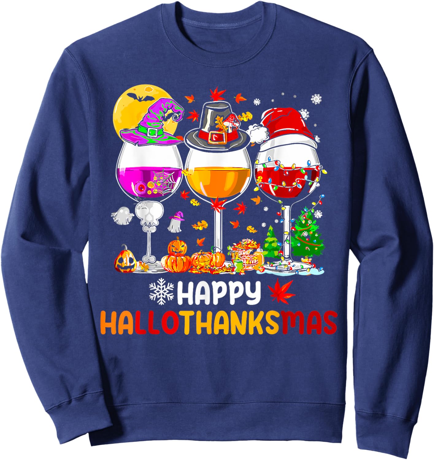 Happy Hallothanksmas Halloween Thanksgiving Christmas Fall Sweatshirt - Sweatshirt | Navy