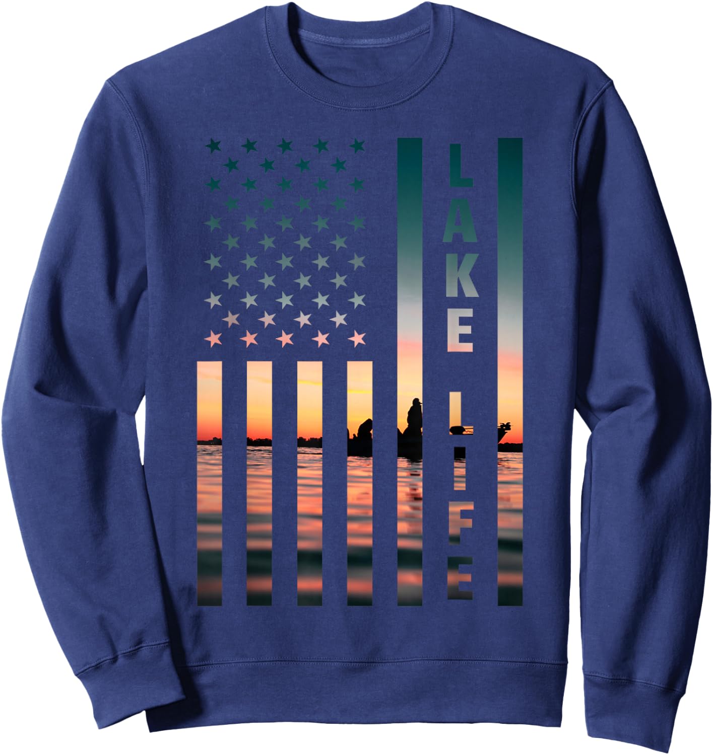 Lake Life Fisherman Sunset American Flag Bass Fishing Boat Sweatshirt - Sweatshirt | Navy