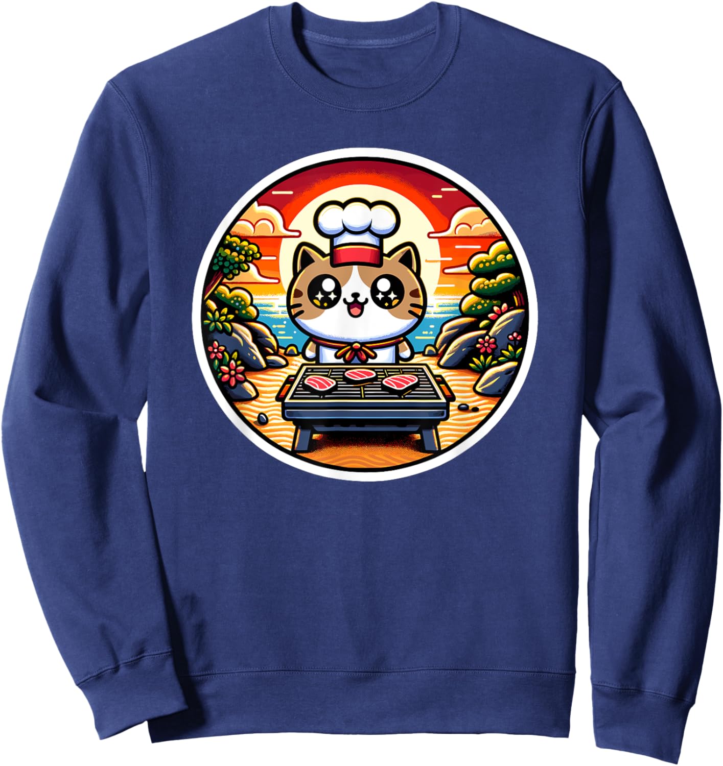 Hibachi Cat Chef, Hibachi Kids, Kawaii Cat Making Hibachi Sweatshirt - Sweatshirt | Navy
