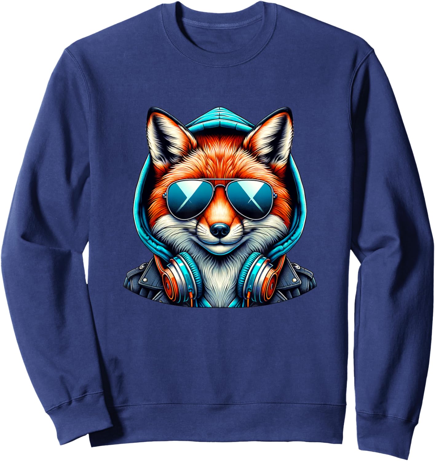 Glücklicher Fuchs Mit Kopfhörer Und Sonnenbrille Sweatshirt - Sweatshirt | Navy