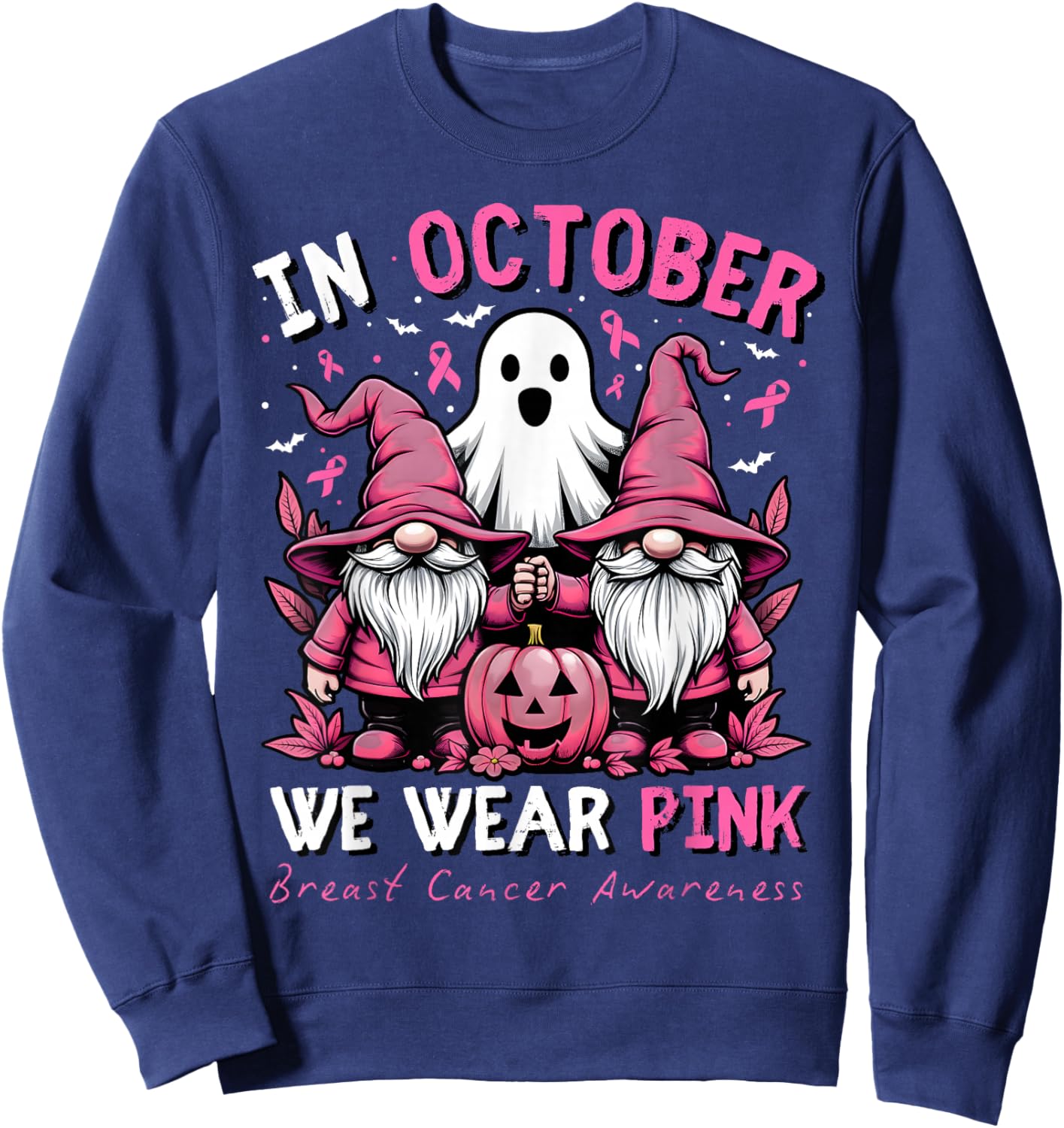 In October We Wear Pink Ghost Gnomes Breast Cancer Awareness Sweatshirt - Sweatshirt | Navy