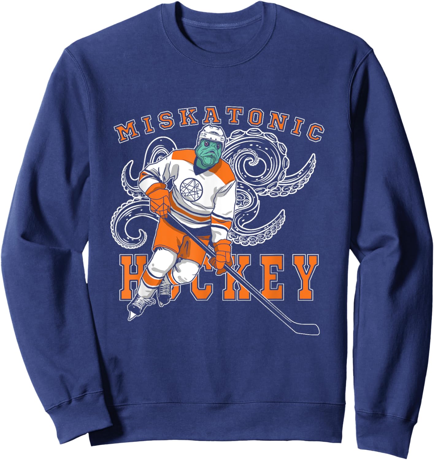Miskatonic Hockey Sports Orange Horror Graphic On Dark Sweatshirt - Sweatshirt | Navy