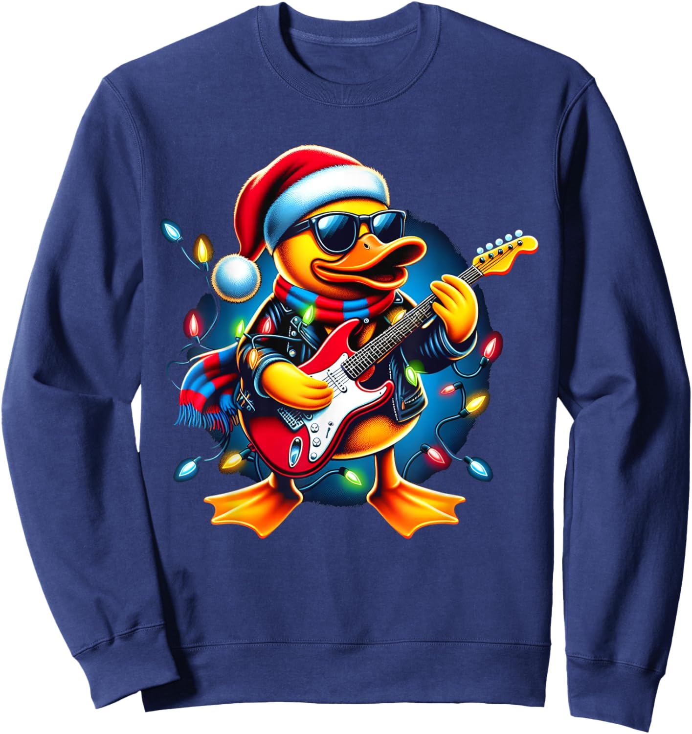 Santa Rubber Duck Christmas Light Xmas Duck Guitar Player Sweatshirt - Sweatshirt | Navy