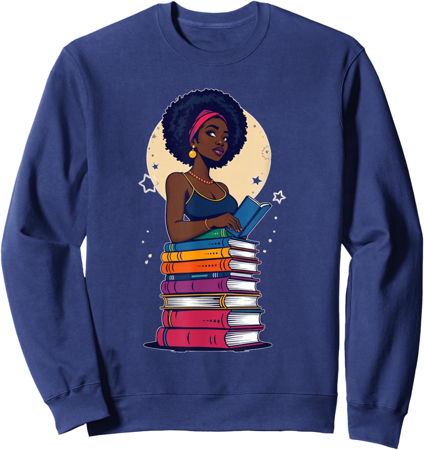 Black Woman And Books Stack - Afro Girl Reading Lover Sweatshirt - Sweatshirt | Navy