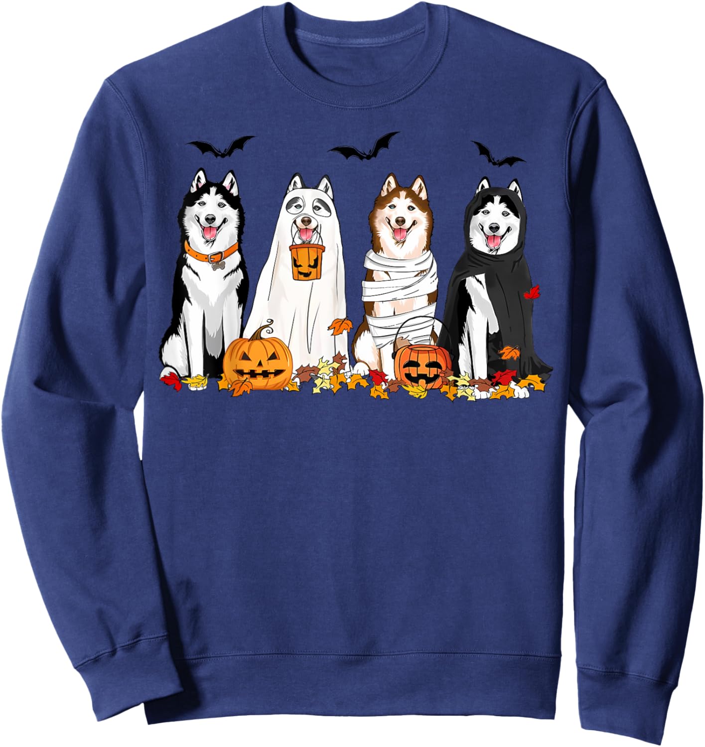 Siberian Husky Dogs Ghost Witch Mummy Halloween Pumpkins Sweatshirt - Sweatshirt | Navy