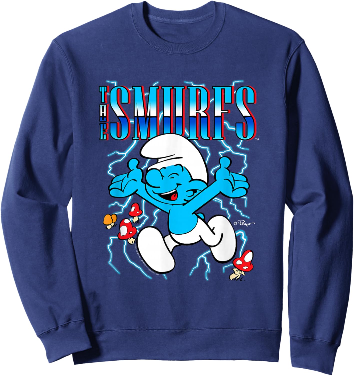 The Smurfs Chrome Logo & Mushrooms Retro Cartoon Sweatshirt - Sweatshirt | Navy