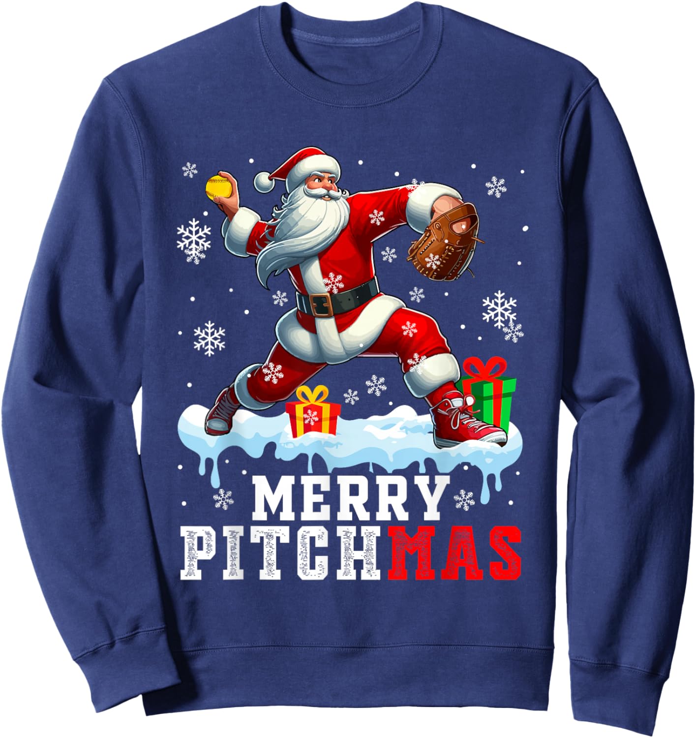 Merry Pitchmas Christmas Santa Pitcher Playing Softball Sweatshirt - Sweatshirt | Navy