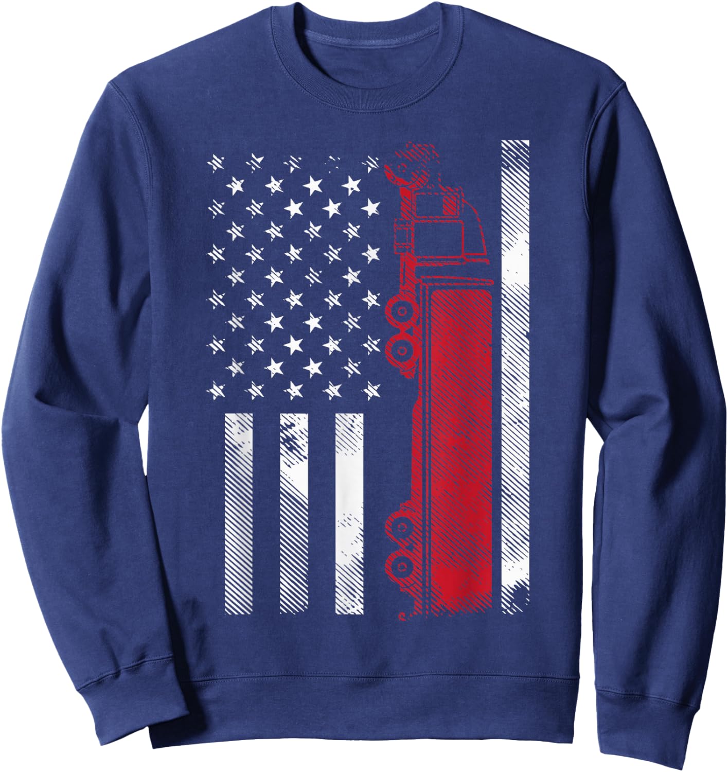 US American Flag Semi Truck Driver 18 Wheeler Trucker Gift Short Sleeve Sweatshirt - Sweatshirt | Navy