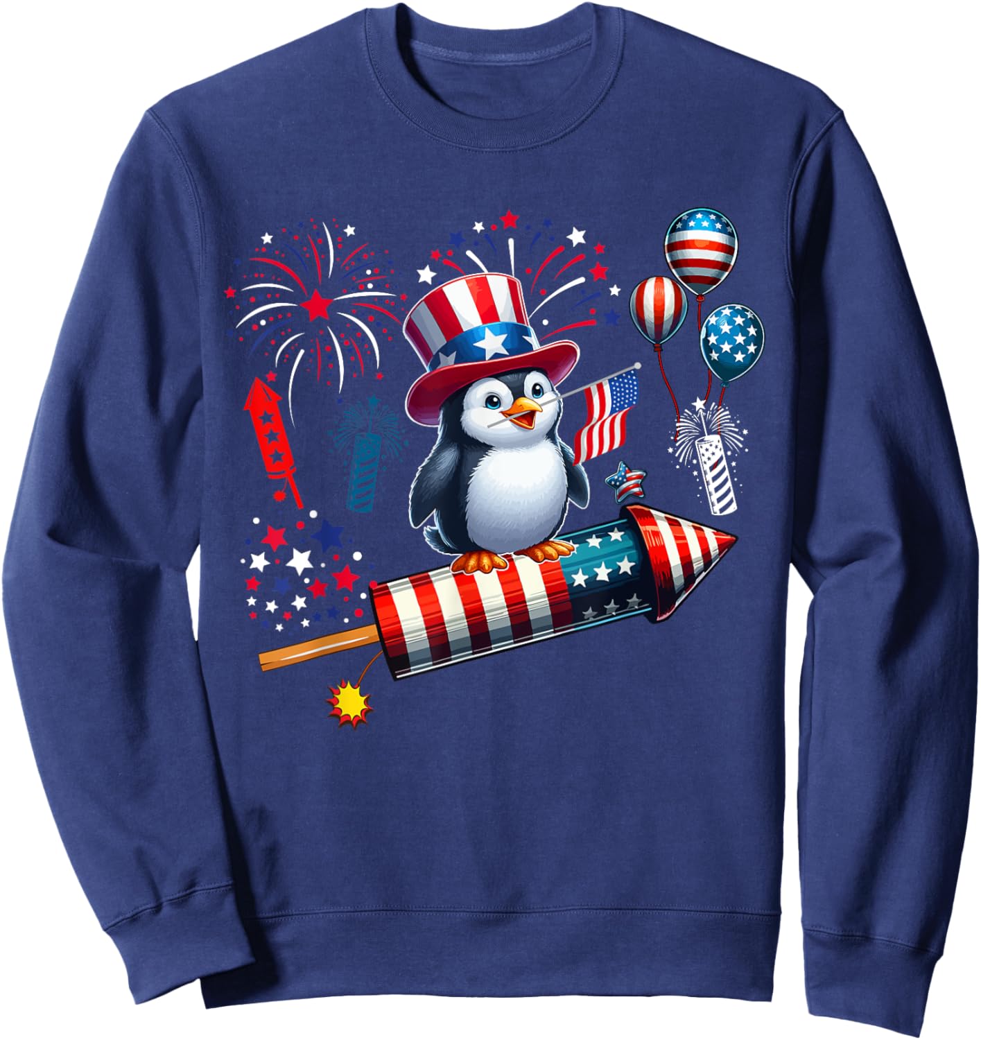 Penguin Riding Firecracker 4th Of July Bird Proud Flag Sweatshirt - Sweatshirt | Navy