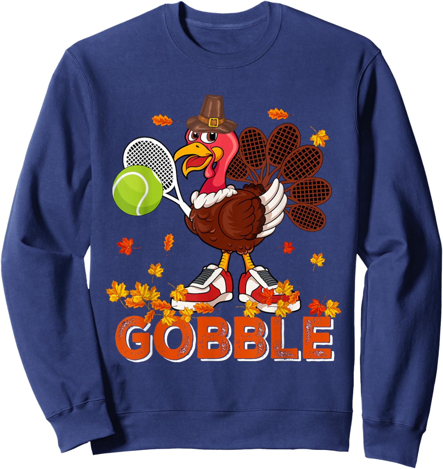 Vintage Gobble Thanksgiving Turkey Playing Tennis Player Sweatshirt - Sweatshirt | Navy