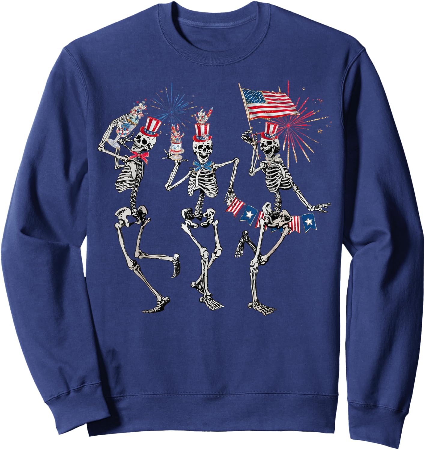 Dancing Skeleton US Flag 4th Of July Fireworks Patriotic Women Men Sweatshirt - Sweatshirt | Navy