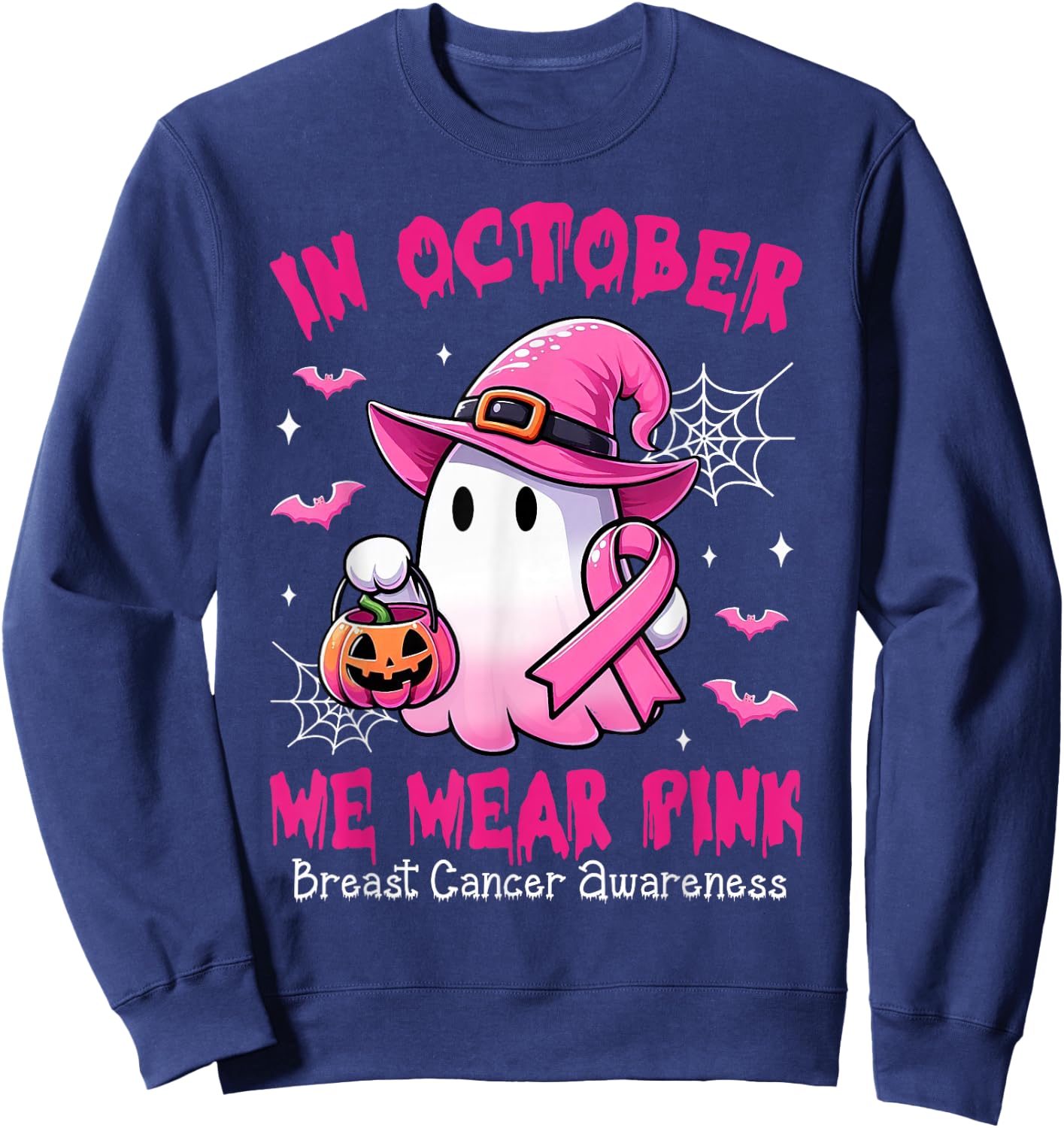 In October We Wear Pink Ghost Witch Breast Cancer Awareness Sweatshirt - Sweatshirt | Navy