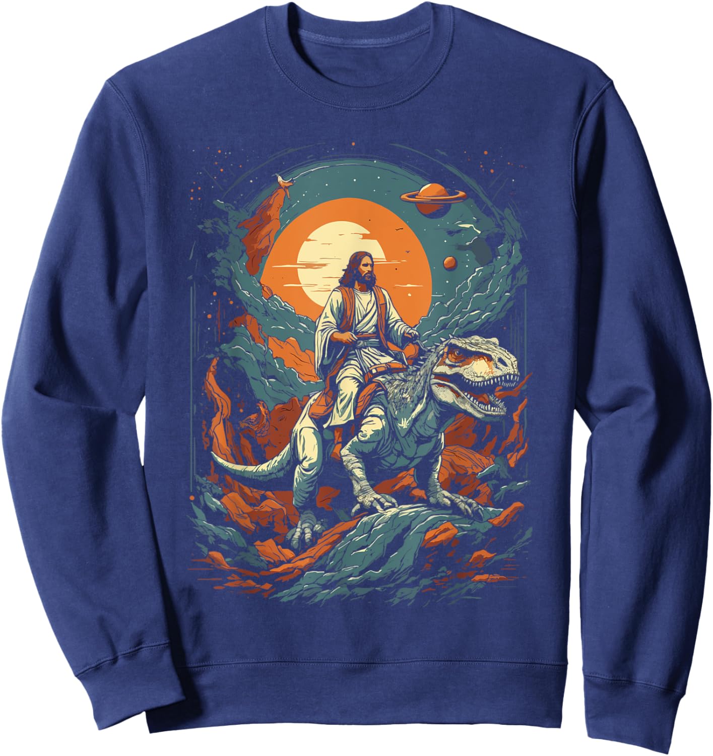 Jesus Riding in Space T-Rex Dinosaur Meme Sci-Fi Believers Sweatshirt - Sweatshirt | Navy