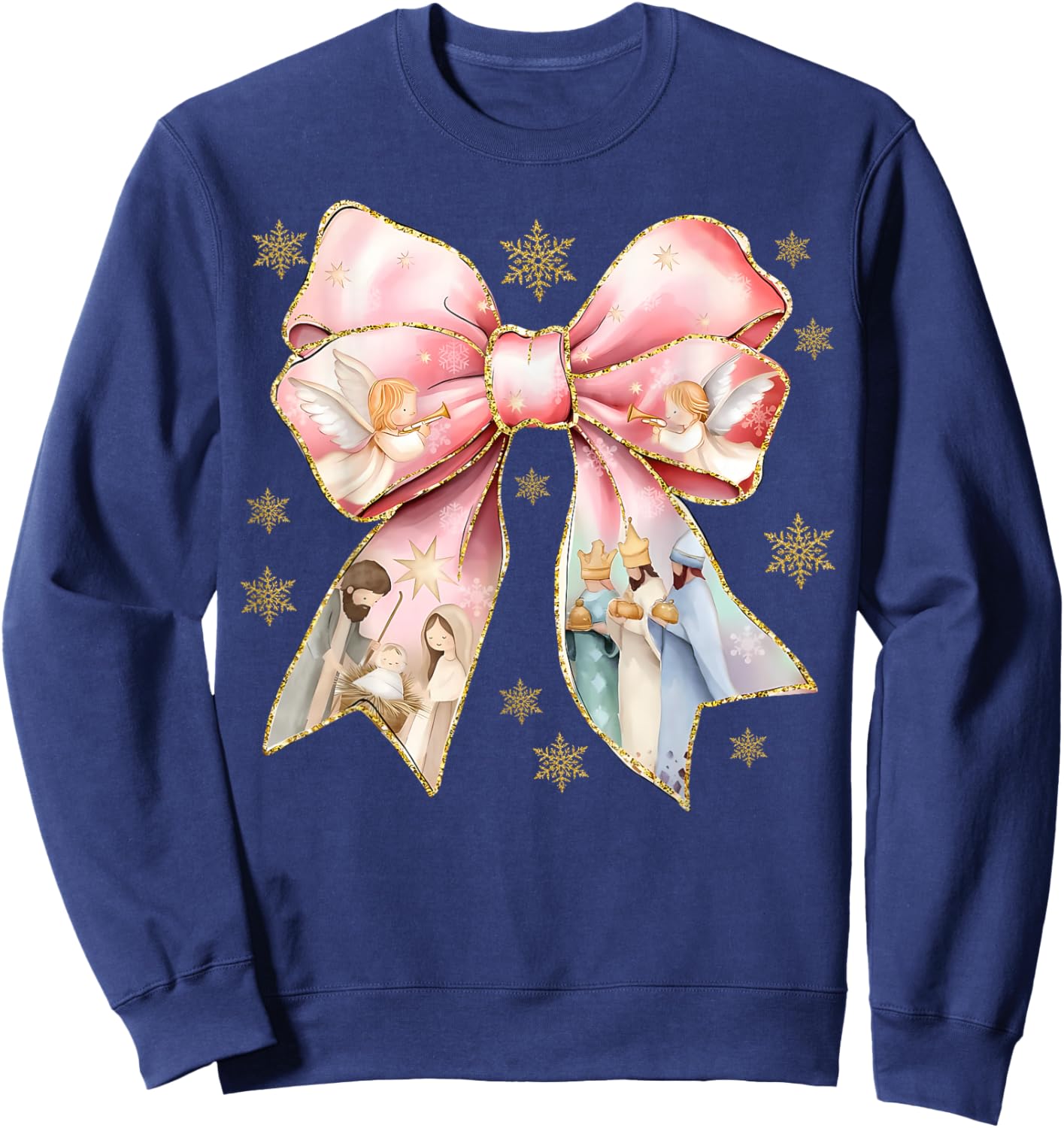 Cute Coquette Bow Baby Jesus Nativity Scene Christian Xmas Sweatshirt - Sweatshirt | Navy