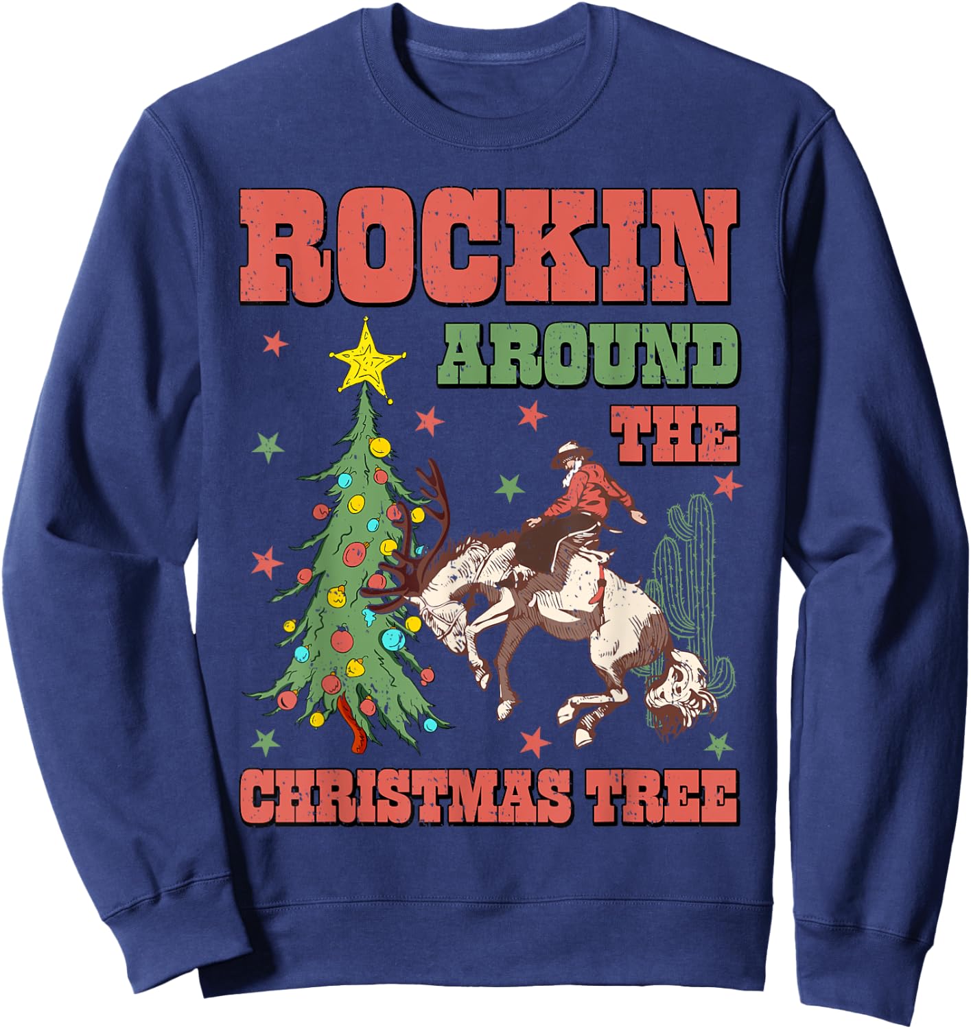 Rocking Around The Christmas Tree Cowboy Riding Horse Xmas Sweatshirt - Sweatshirt | Navy