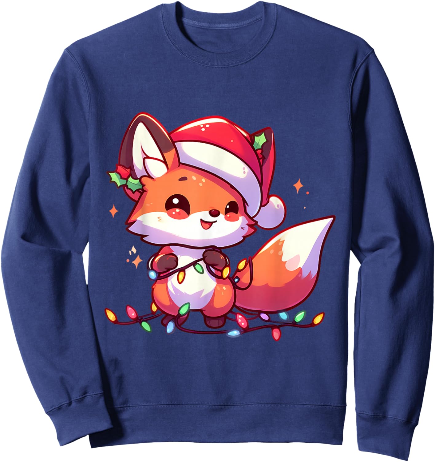 Merry Foxmas Christmas Lights Cute Fox Santa Hat Sweatshirt - Sweatshirt | Navy