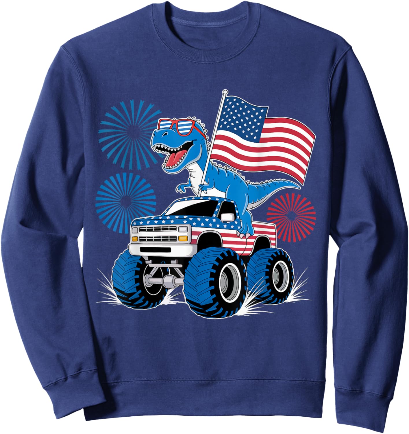 Dinosaur 4th Of July T Rex Dinosaur Monster Truck Dino Sweatshirt - Sweatshirt | Navy