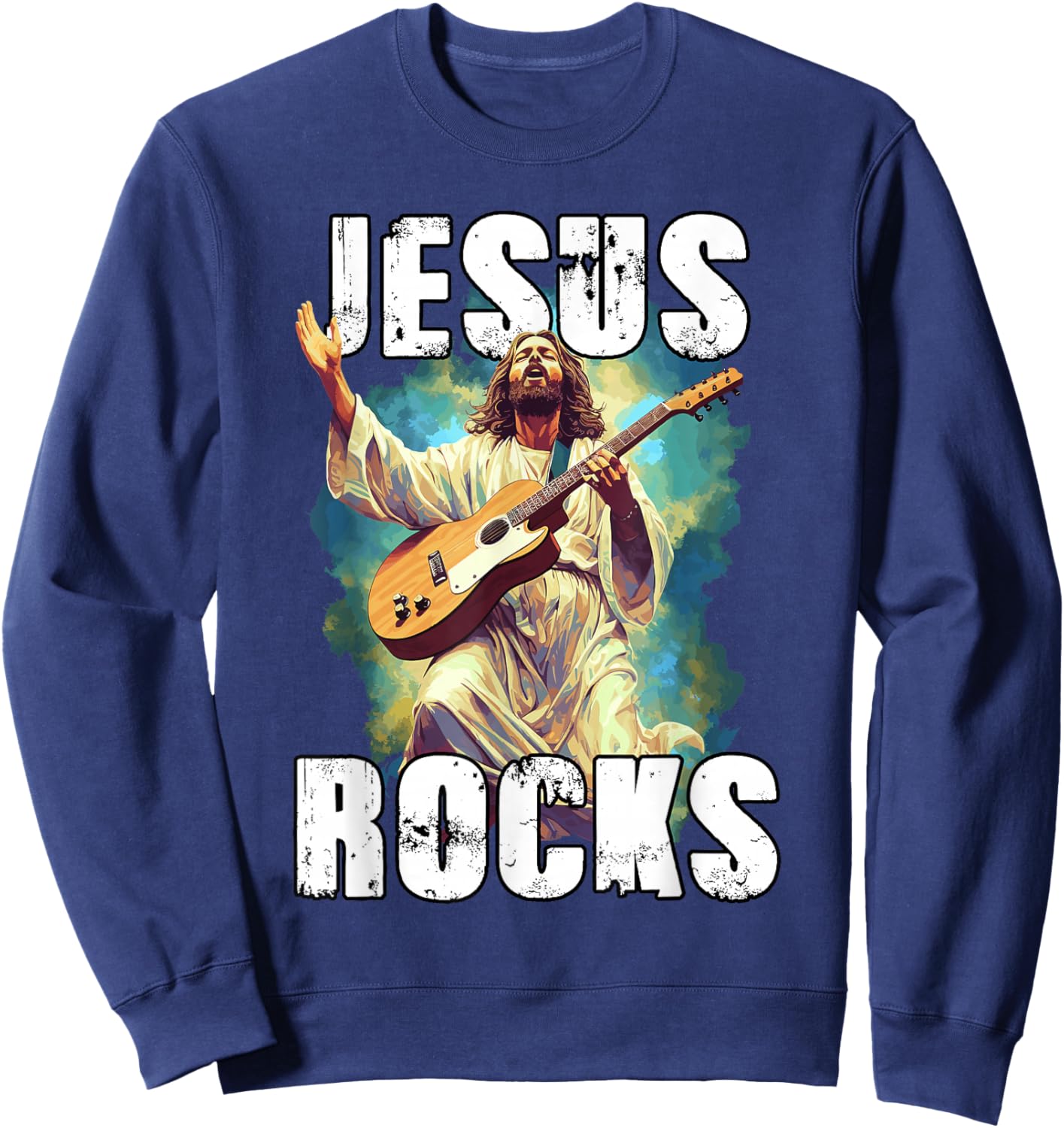 Jesus Rocks with Guitar - Funny Christian Rocks Church Sweatshirt - Sweatshirt | Navy