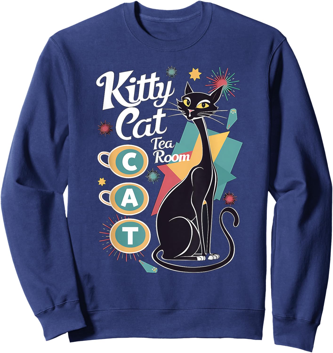 Retro Mid-Century Modern Kitty Cat Tea Room Design Women Sweatshirt - Sweatshirt | Navy