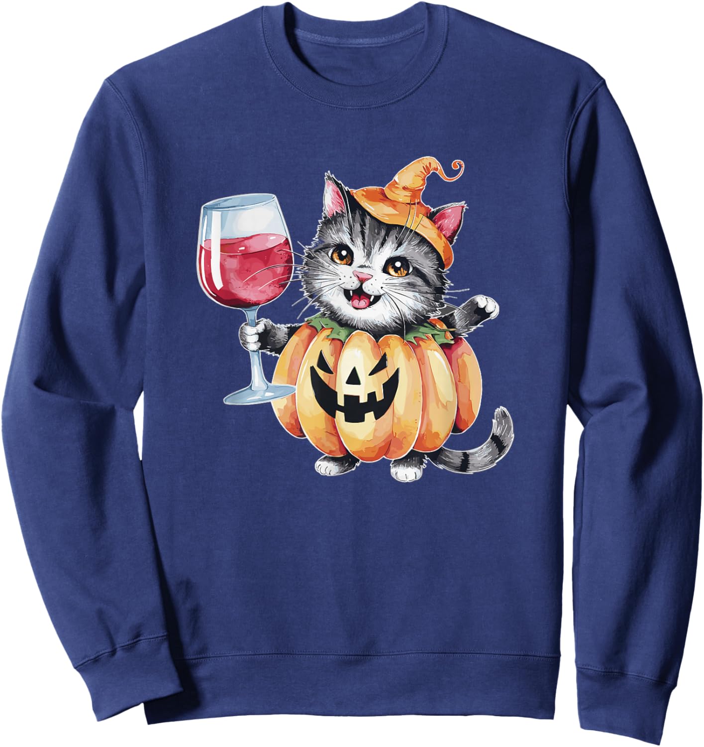 Cute Pumpkin Cat Wine Glass Halloween Cats Trick Or Treat Sweatshirt - Sweatshirt | Navy