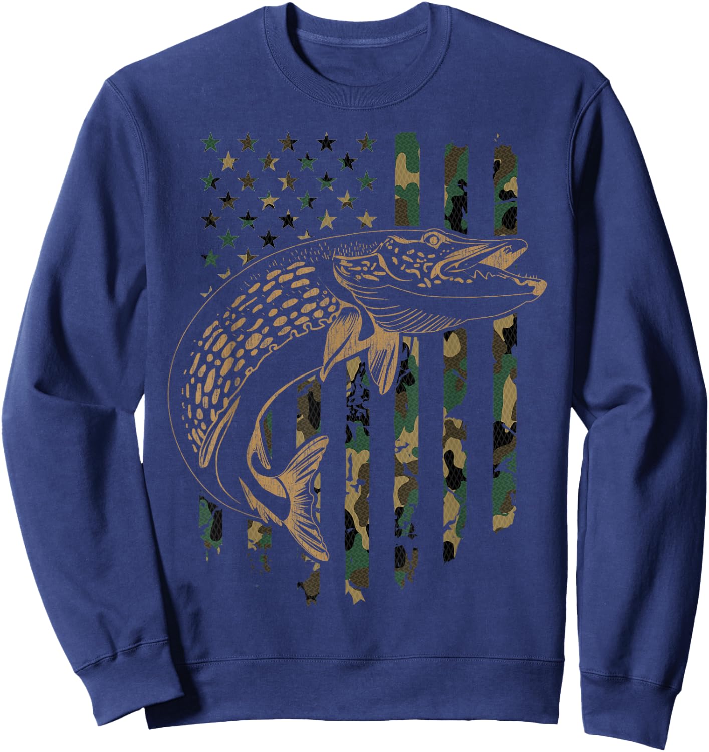 Pike Fishing American Flag Camouflage Muskie Fishing Camo Sweatshirt - Sweatshirt | Navy