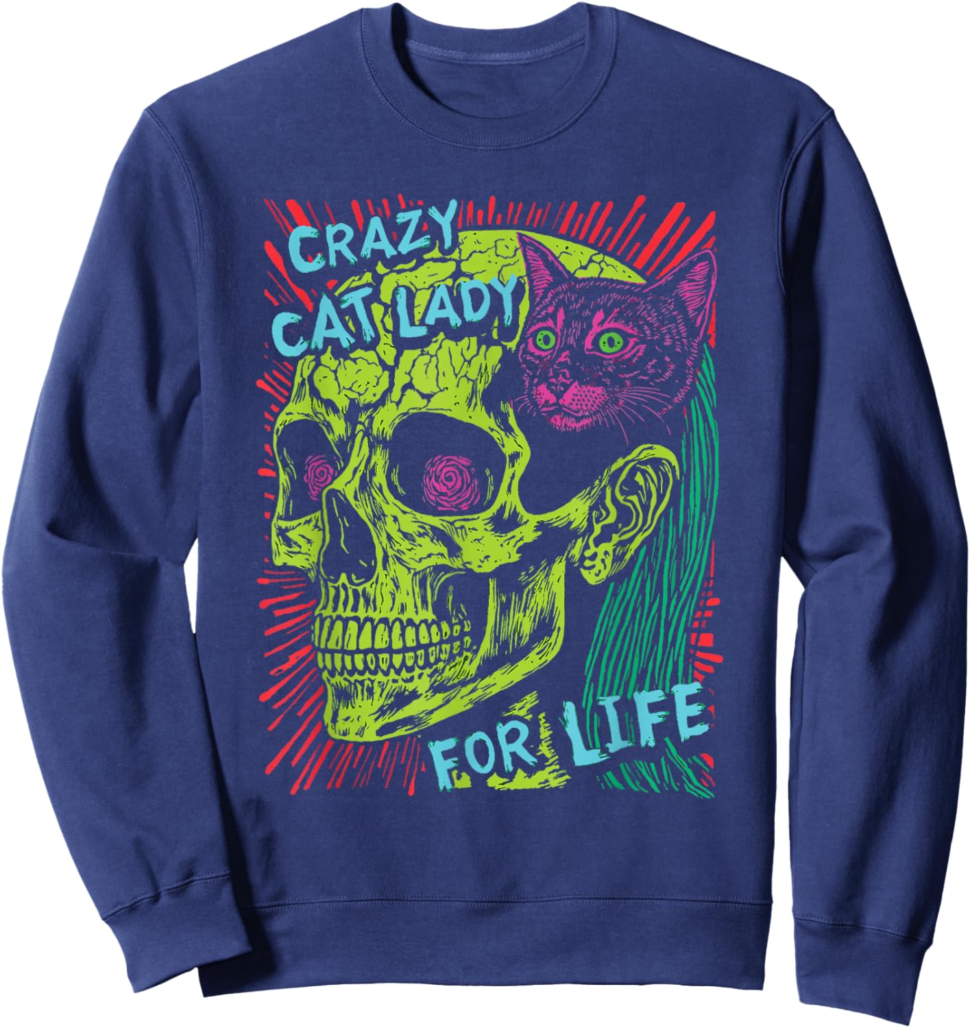 Crazy Cat Lady For Life Goth Punk Grunge Cat With Skull Sweatshirt - Sweatshirt | Navy