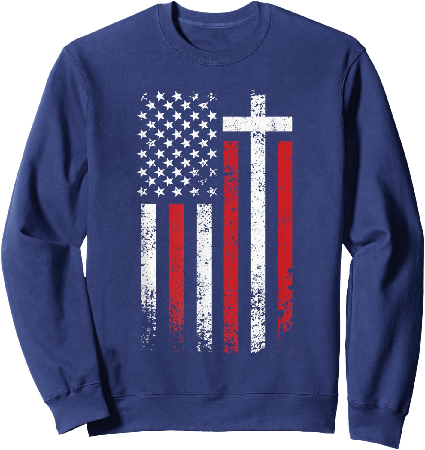 American Flag Cross Christmas Patriotic Religious Christian Sweatshirt - Sweatshirt | Navy