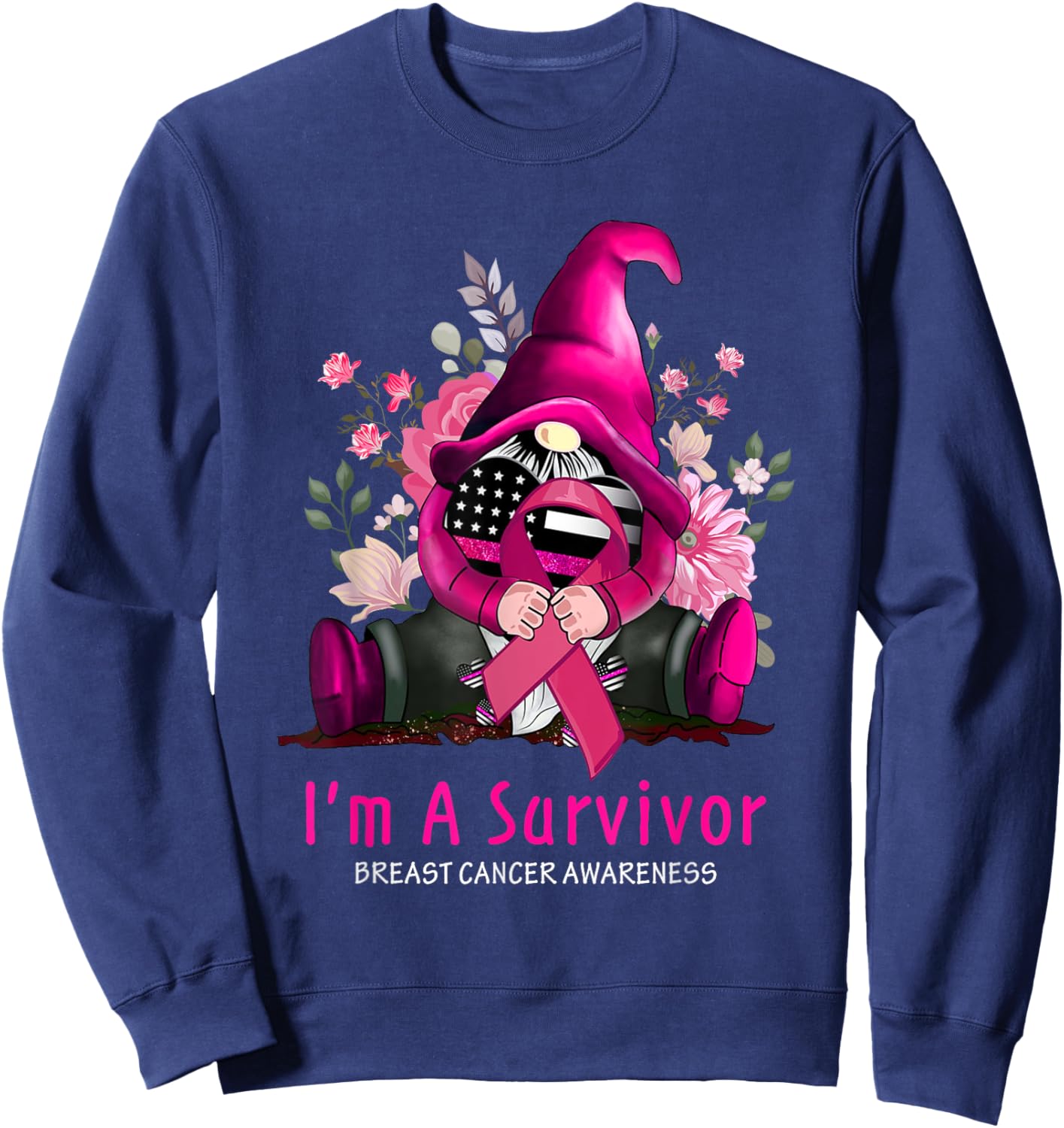 I’m A Survivor Gnome Pink Ribbon Breast Cancer Awareness Sweatshirt - Sweatshirt | Navy