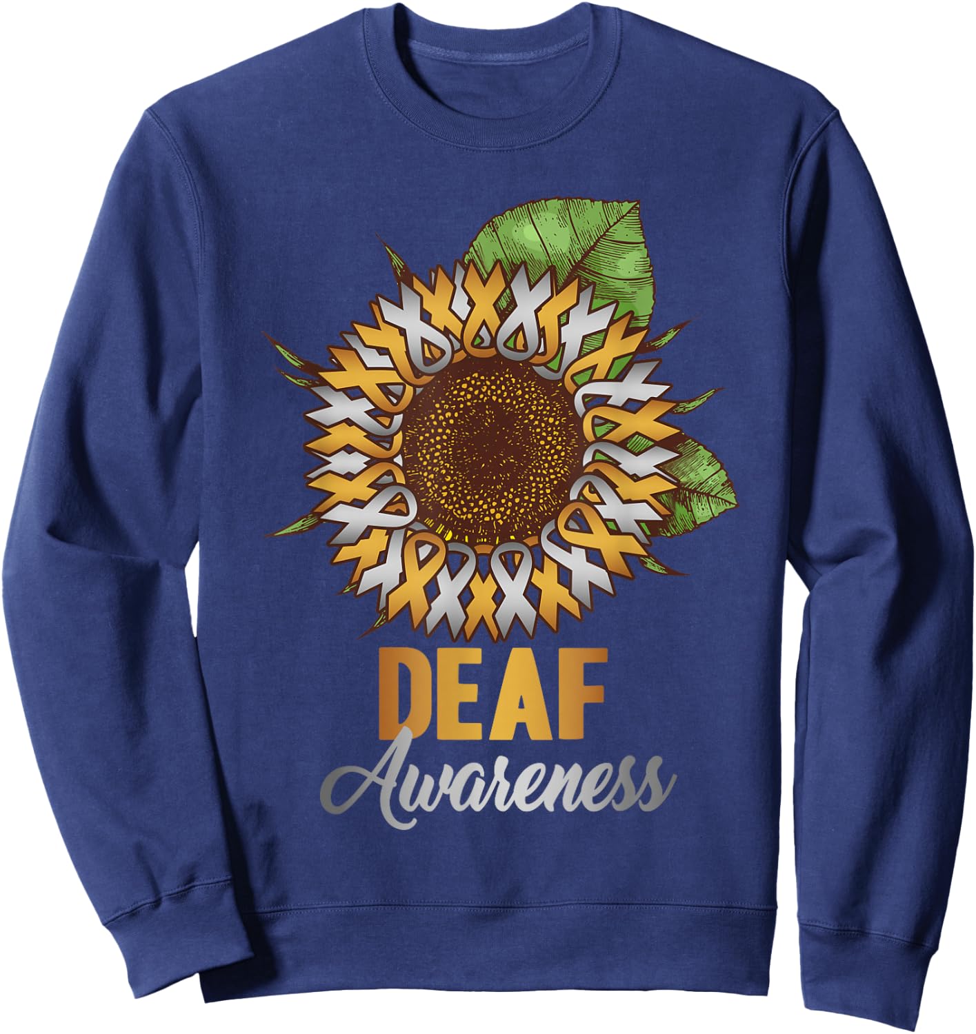 Deaf Awareness - Sunflower Gold and Silver Ribbon Sweatshirt - Sweatshirt | Navy