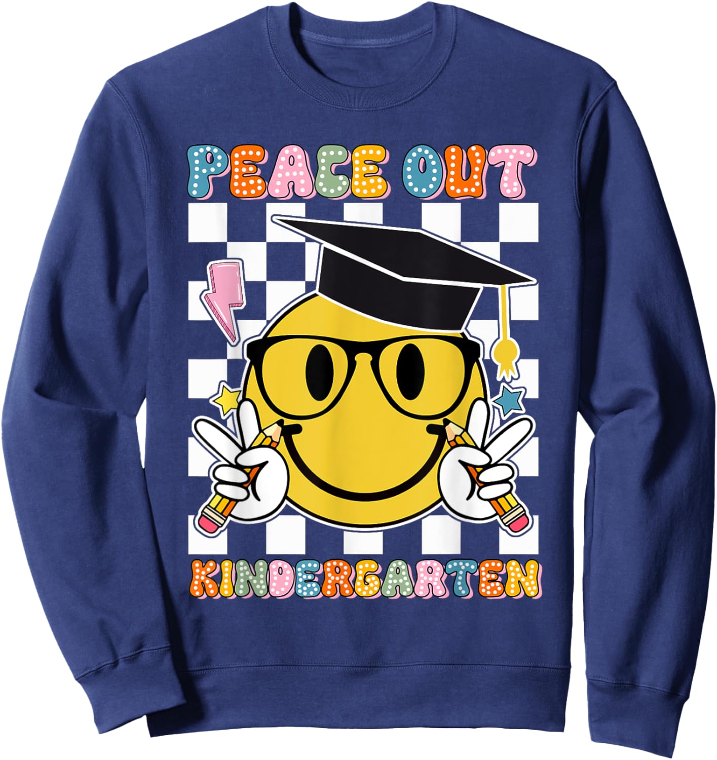 Peace Out Kindergarten Last Day of School Smile Face Kids Sweatshirt - Sweatshirt | Navy