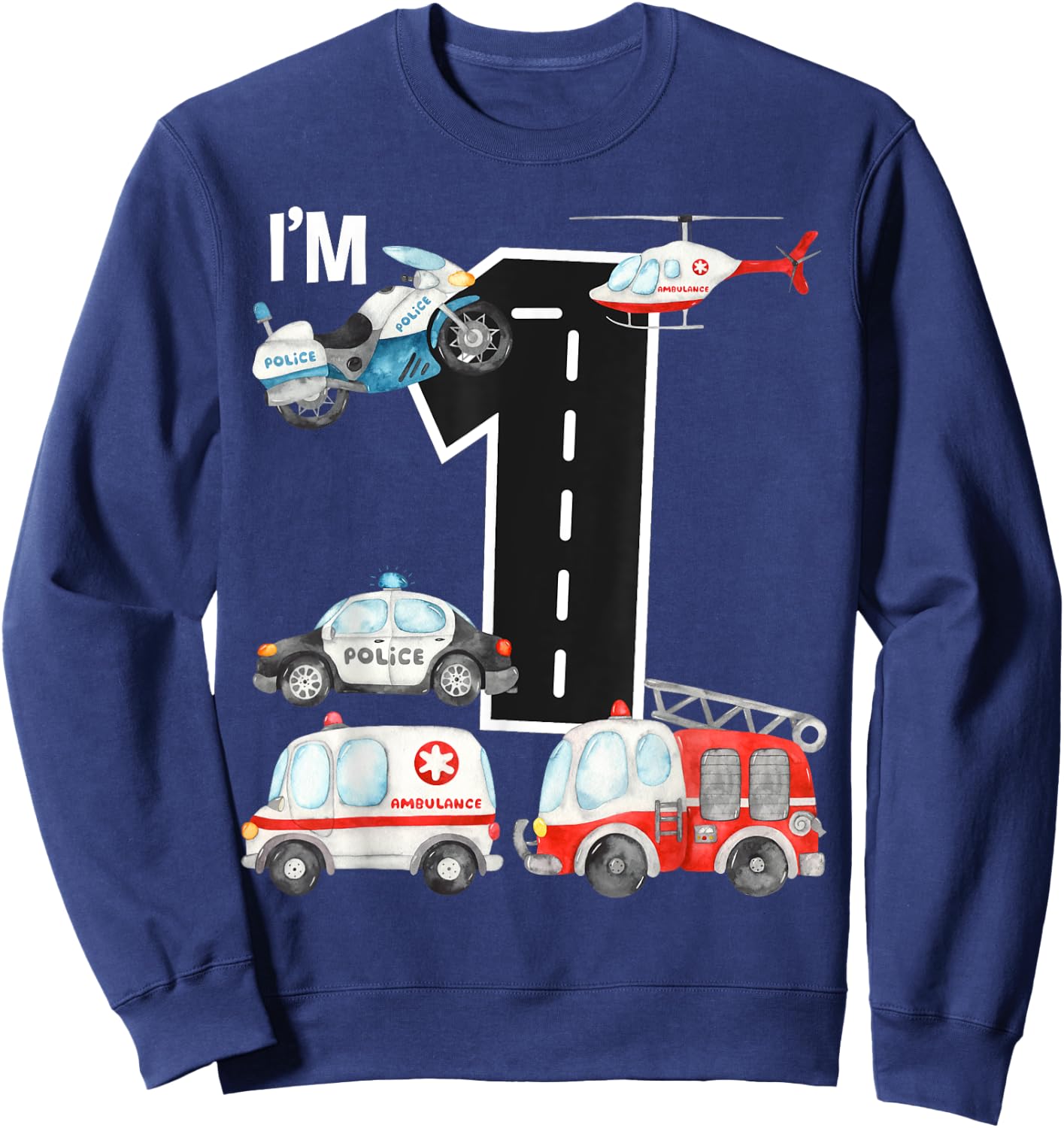 Emergency Vehicles 1st Birthday Fire Truck Police Car Boys Sweatshirt - Sweatshirt | Navy