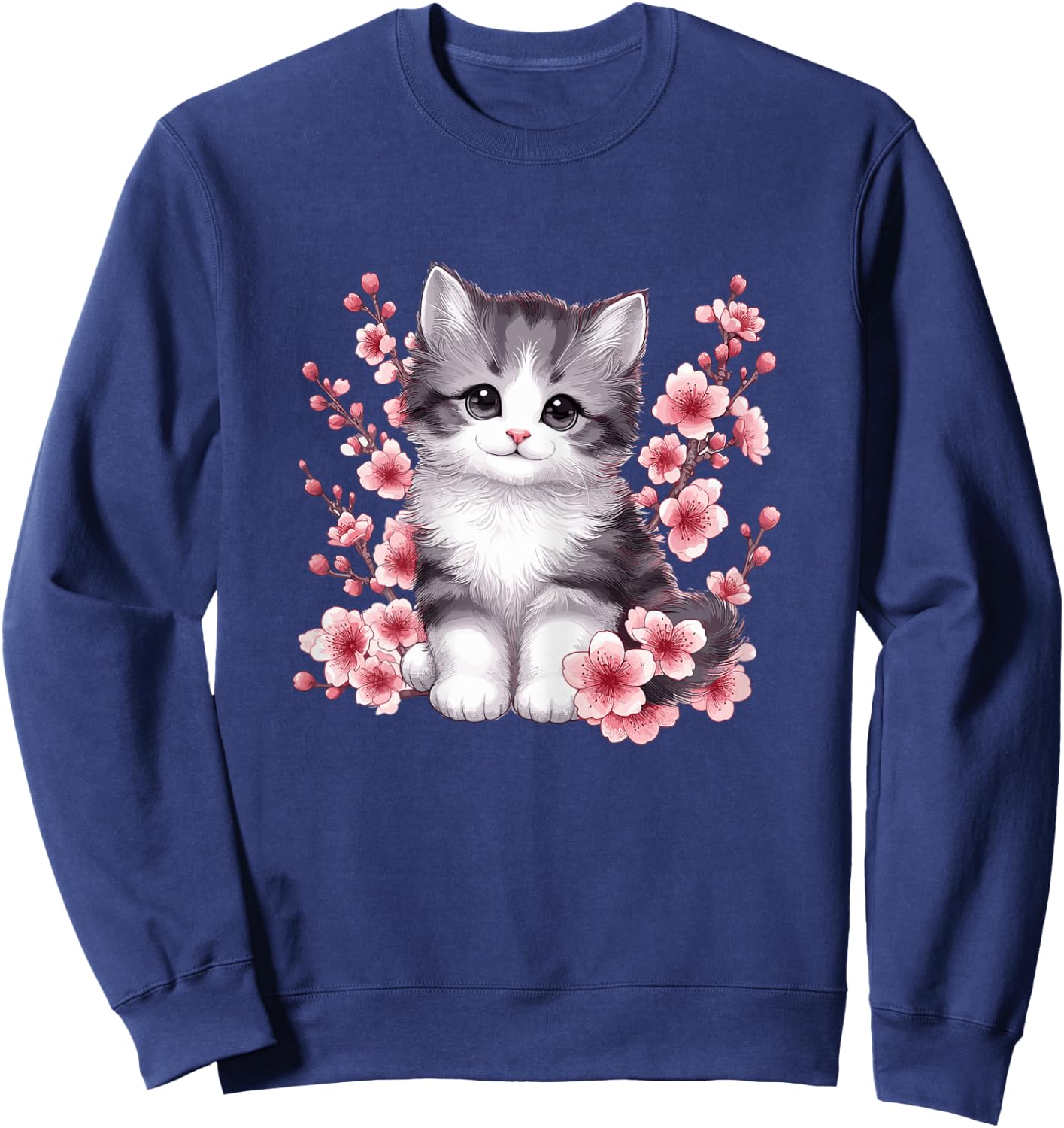 Cat with Cherry Blossoms Cute Cat Sweatshirt - Sweatshirt | Navy