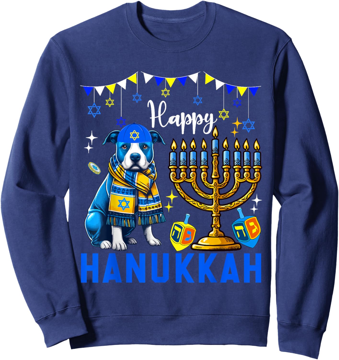 Happy Hanukkah Pit Bull Menorah Dreidel Dog Owner Lover Sweatshirt - Sweatshirt | Navy