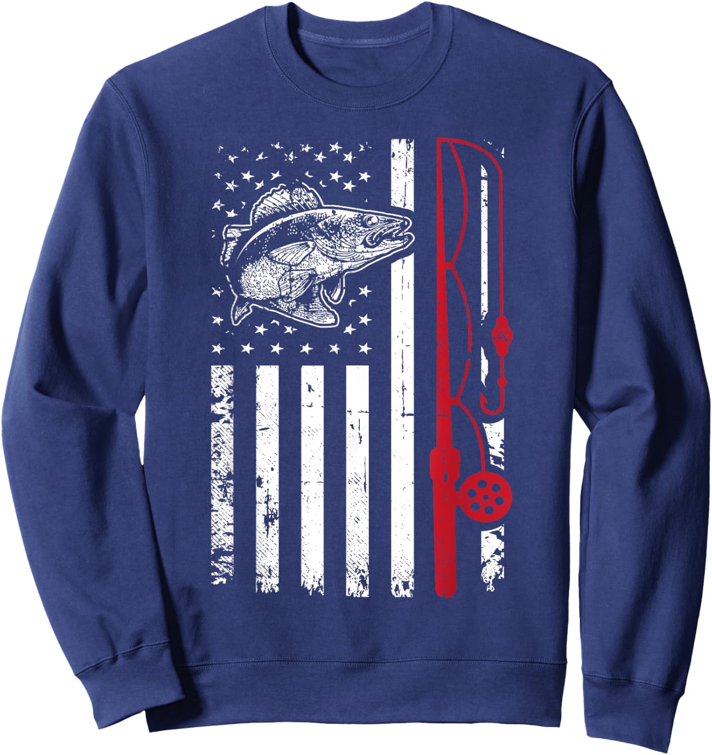 Vintage Walleye Fish T Shirt Fishing American Flag Gift Sweatshirt - Sweatshirt | Navy