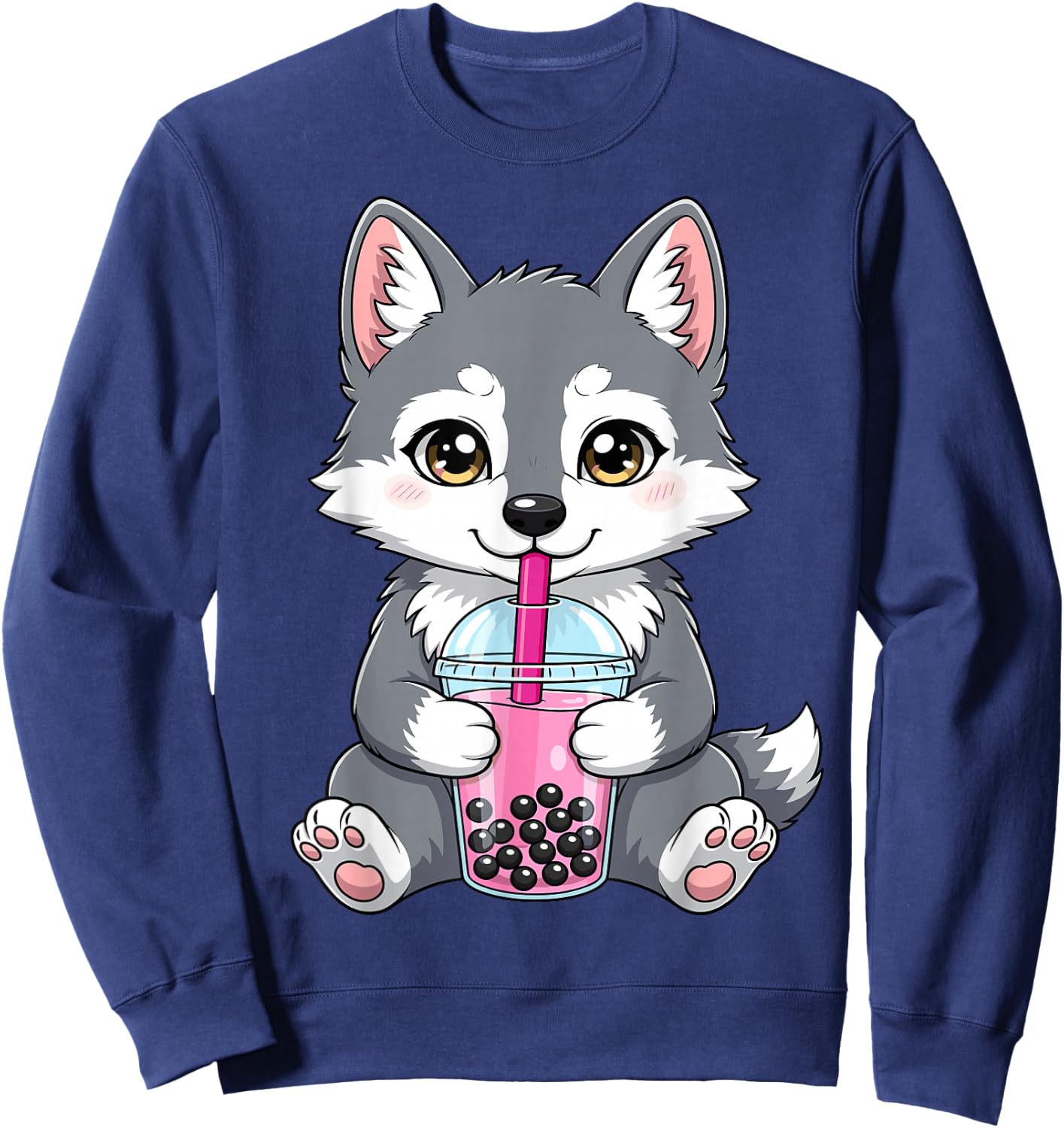 Wolf with Boba Bubble Tea Cute Kawaii Sweatshirt - Sweatshirt | Navy