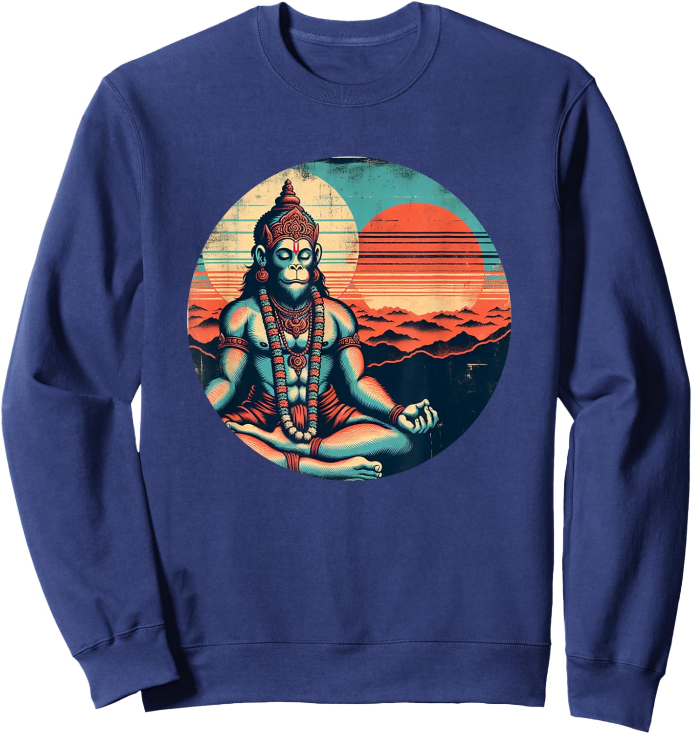 Meditating Hanuman Vintage Sunset Empowering Yoga Meditation Sweatshirt - Sweatshirt | Navy