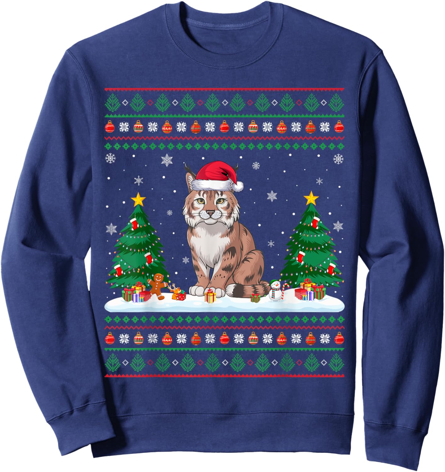 Christmas Tree Lights Bobcat Santa Ugly Xmas Sweater Men Women Kids Sweatshirt - Sweatshirt | Navy