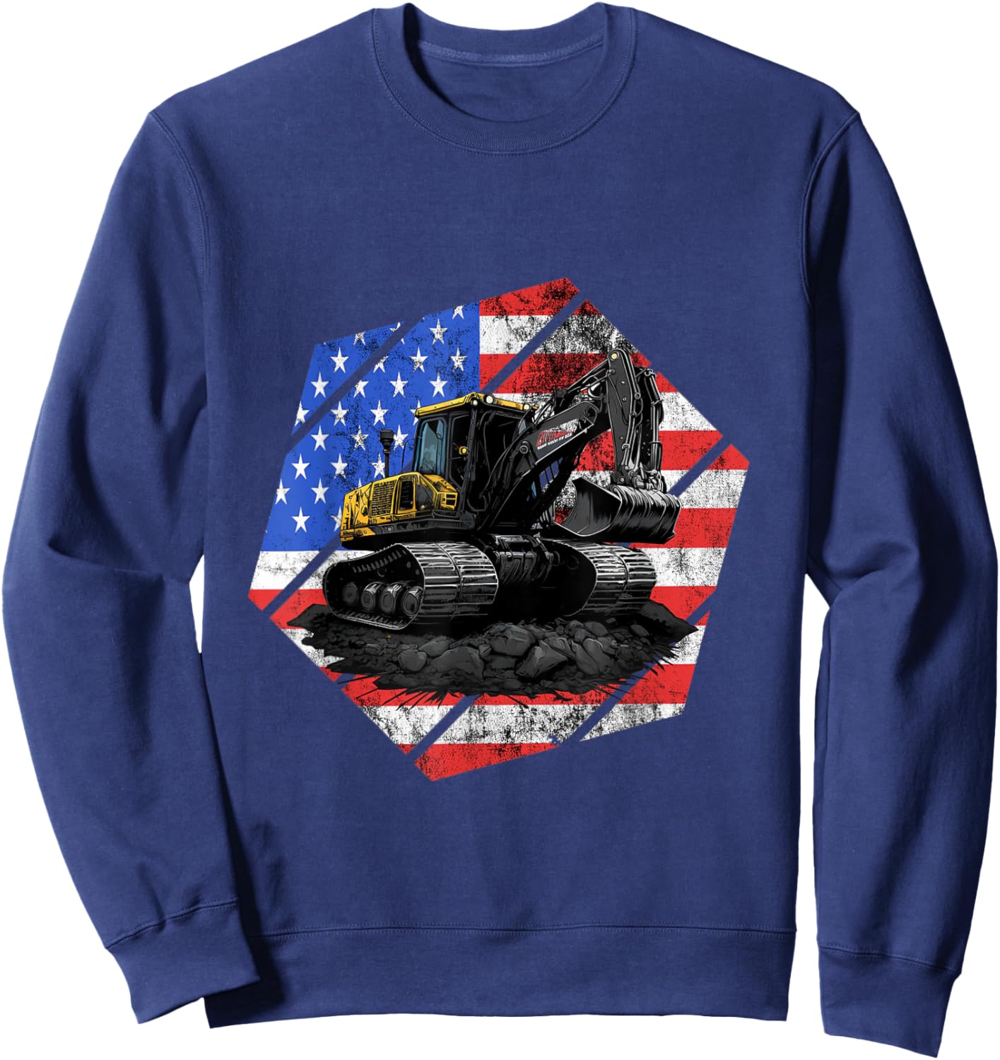 Vintage Excavator Backhoe USA Flag Construction Truck Sweatshirt - Sweatshirt | Navy