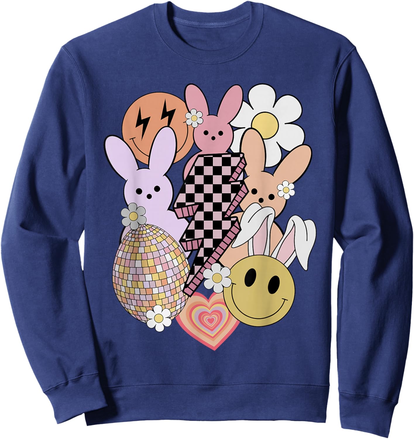 Retro Groovy Easter Vibes Smile Face Rabbit Bunny Women Girl Sweatshirt - Sweatshirt | Navy