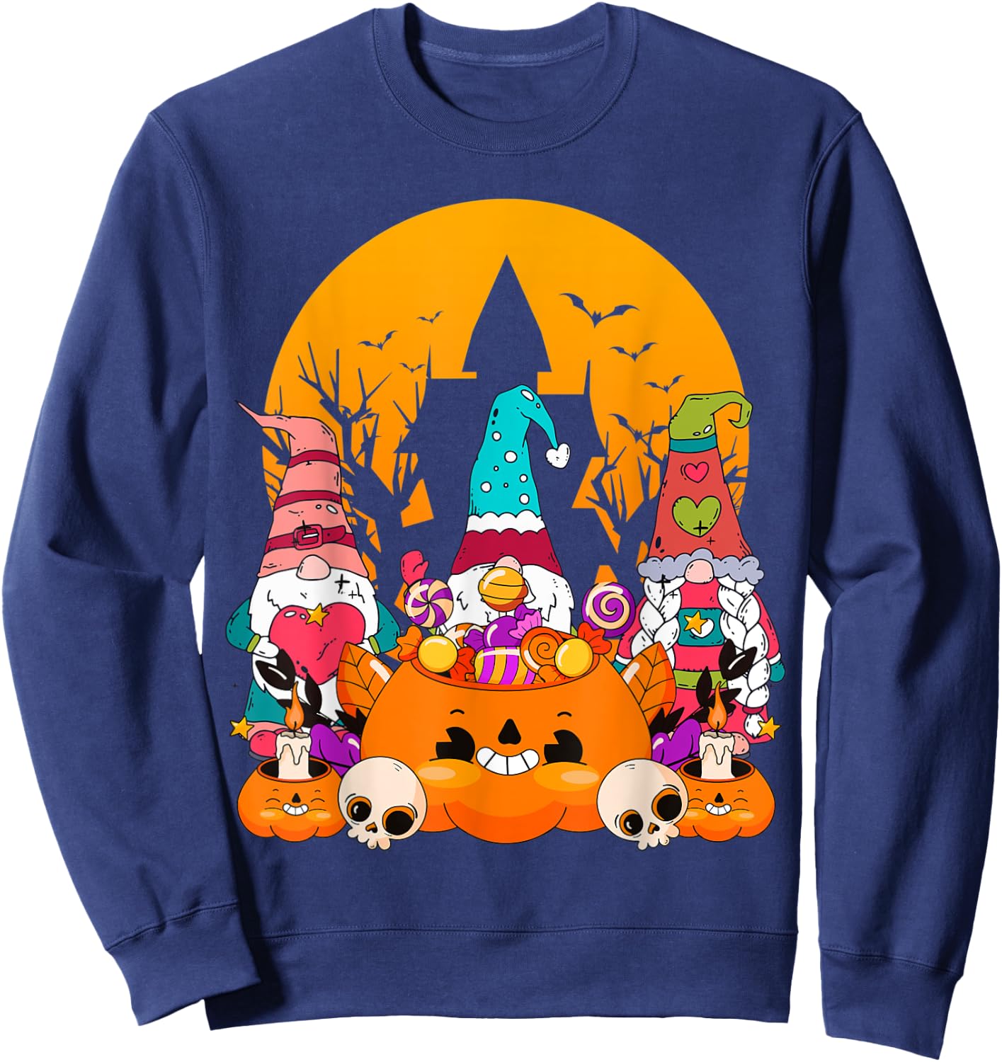 Three Gnomes Happy Halloween Costume Fall Candy Corn Pumpkin Sweatshirt - Sweatshirt | Navy
