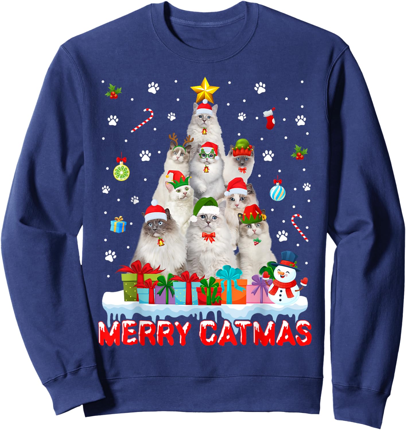 Funny Ragdoll Cat Lovers Cute Holiday Christmas Tree Sweatshirt - Sweatshirt | Navy