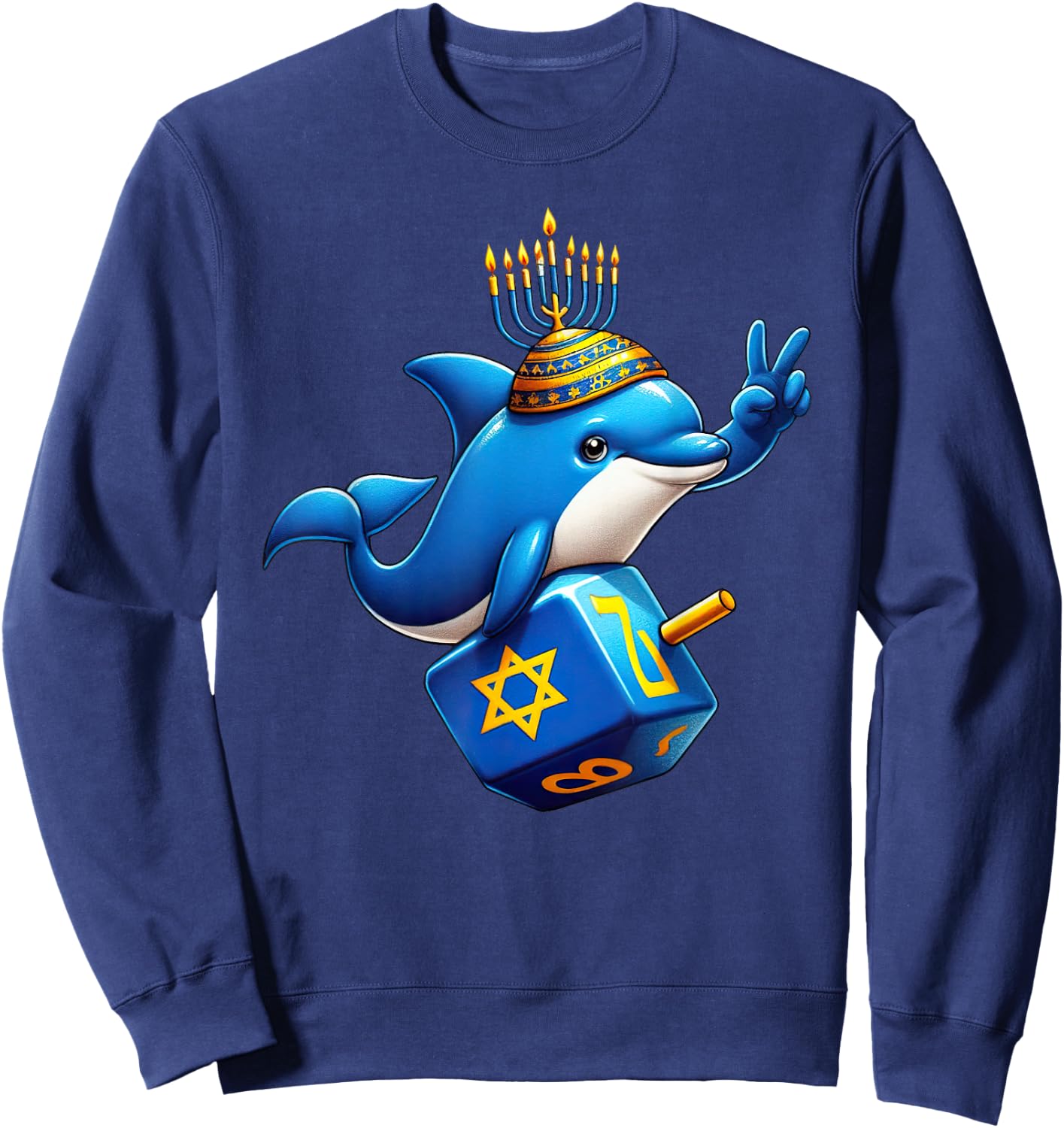 Dolphin Menorah Dreidel Jewish Hanukkah Kids Sweatshirt - Sweatshirt | Navy