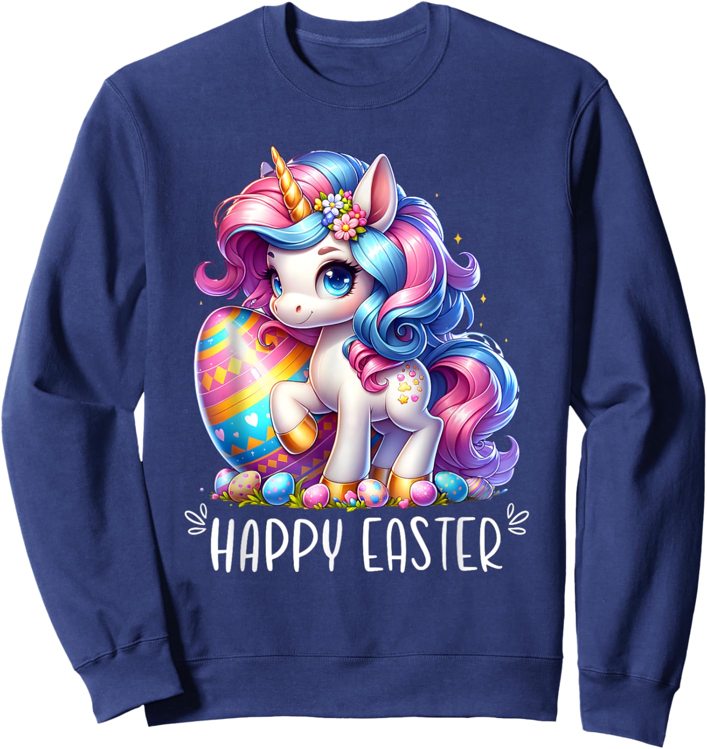 Unicorn Happy Easter Day Bunny Rainbow Egg Girls Kids Sweatshirt - Sweatshirt | Navy