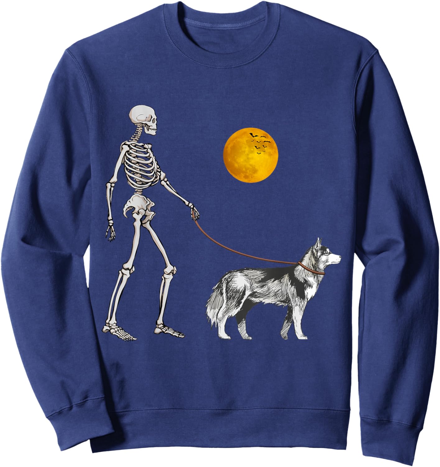 Siberian Husky Skeleton Dog Walking Halloween Costume Sweatshirt - Sweatshirt | Navy